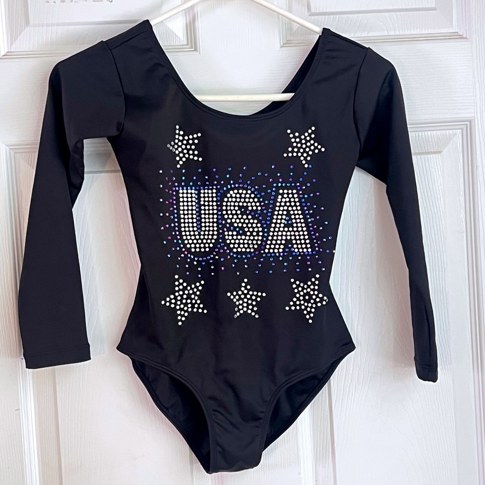 AK Leotard XS Girls USA Rhinestone Long Sleeve Black Star Patriotic Bling